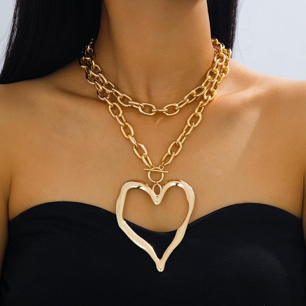 Women Gold Heart Y2k Big Heart Pendant Choker Jewelry Necklace Lobster - Picture 3 of 7